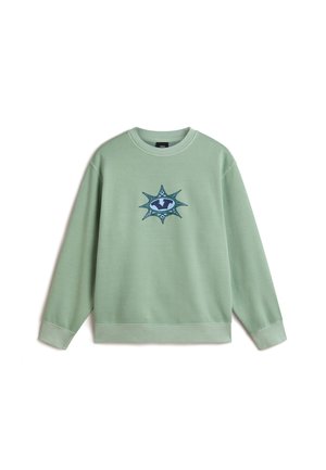Felpa verde chiaro con collo rotondo, maniche lunghe con polsini e una grafica centrale che presenta una forma a stella in blu e bianco.