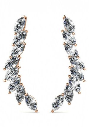 Orecchini in cristallo a taglio marquise in oro rosa, caratterizzati da un design a cascata con molteplici pietre scintillanti, finitura liscia e accenti lucidi.