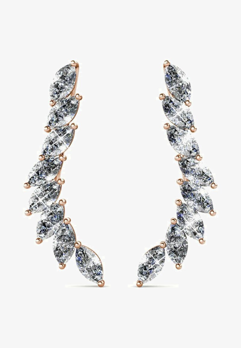 Orecchini in cristallo a taglio marquise in oro rosa, caratterizzati da un design a cascata con molteplici pietre scintillanti, finitura liscia e accenti lucidi.