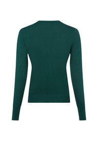 Sweter z długim rękawem w ciemnozielonym kolorze, z prążkowaną strukturą, dopasowanym kształtem i okrągłym dekoltem. Prosty design bez wzorów czy akcentów.