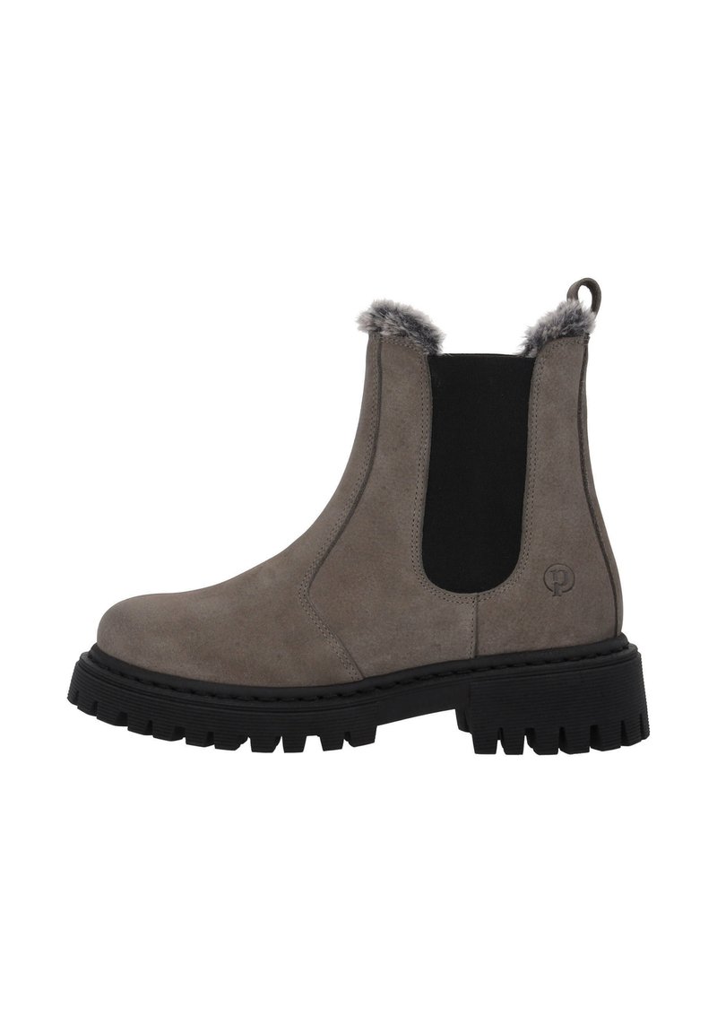 Grauer Chelsea-Stiefel aus Wildleder mit Kunstpelzfutter, elastischen Seitenpanelen und robuster Gummisohle mit tiefem Profil für besseren Halt.