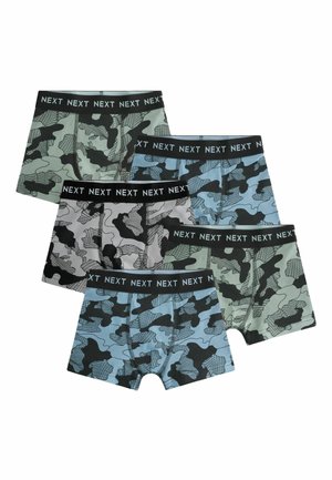 Five pairs of men's boxer briefs with black, gray, blue, and green camouflage patterns and black waistbands labeled NEXT.