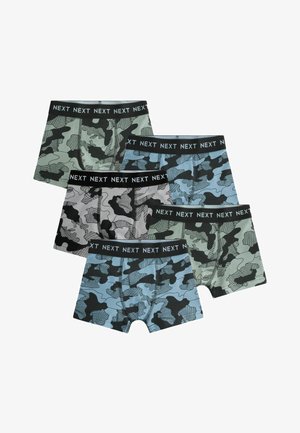 Pieci vīriešu bokseršorti komplekts ar melniem, pelēkiem, ziliem un zaļiem maskēšanās rakstiem un melnām jostas daļām ar uzrakstu NEXT.