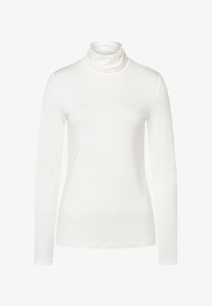 White long-sleeve turtleneck top made of soft fabric, featuring a high, folded collar and a fitted silhouette with no visible patterns.