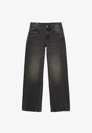Schwarze weite Jeans aus Denim mit einem verblassten Finish. Verfügt über fünf Taschen, einen Reißverschluss vorne und einen Knopfverschluss. Detaillierte Steppnähte setzen Akzente.