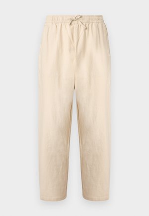 Beige lightweight pants with elastic waistband and drawstring, straight cut, suitable for casual wear.
