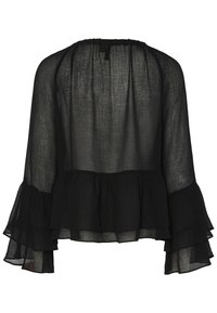 Black, sheer blouse featuring long, flared sleeves, ruffled hem, and textured fabric, designed with a loose fit and round neckline.