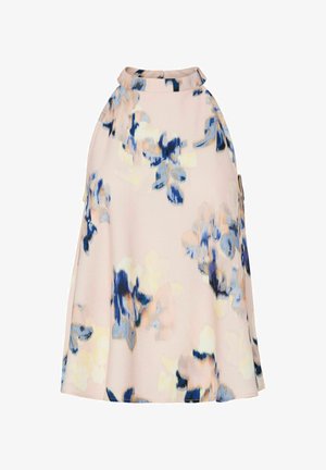 Top floreale realizzato in tessuto morbido, con un collo alto, sfondo rosa pastello e motivi floreali blu, dal taglio morbido e scivolato.