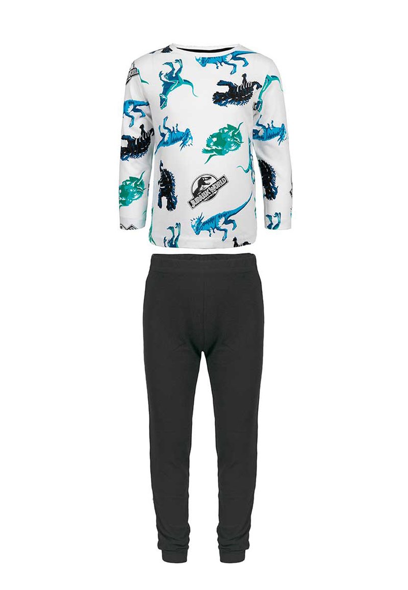 Long-sleeve white shirt with colorful dinosaur prints; black cuffed sweatpants with an elastic waistband, soft cotton blend material.