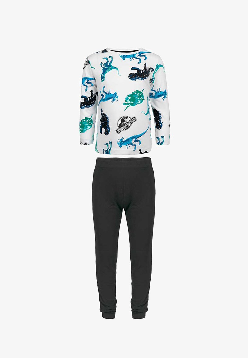 Langärmliges weißes Hemd mit bunten Dinosaurier-Drucken; schwarze Sweatpants mit Gummizug und umgeschlagenen Bündchen, aus weichem Mischgewebe.