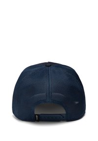 Navy blue cap with a mesh back, featuring a plastic adjustable strap, flat peak, and prominent stitching detail.