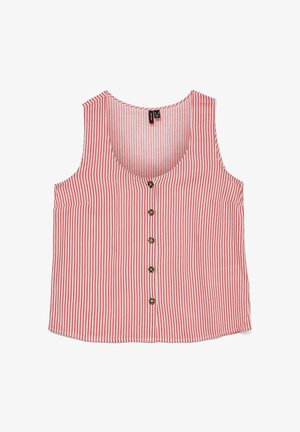 Haut sans manches rayé rouge et blanc avec un col rond, cinq boutons en bronze sur le devant et une poche sur la poitrine gauche.