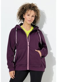 Purple zip-up hoodie with a black-lined hood, pink zipper, side pockets, and pink accents along the seams. Smooth, soft fabric texture.
