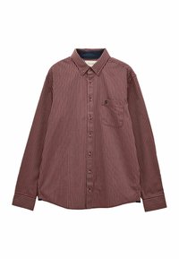 Skjorte med lange ærmer og knapper i mørkerød og hvide lodrette striber, med en brystlomme og en buet kant. Stoffets tekstur virker glat.