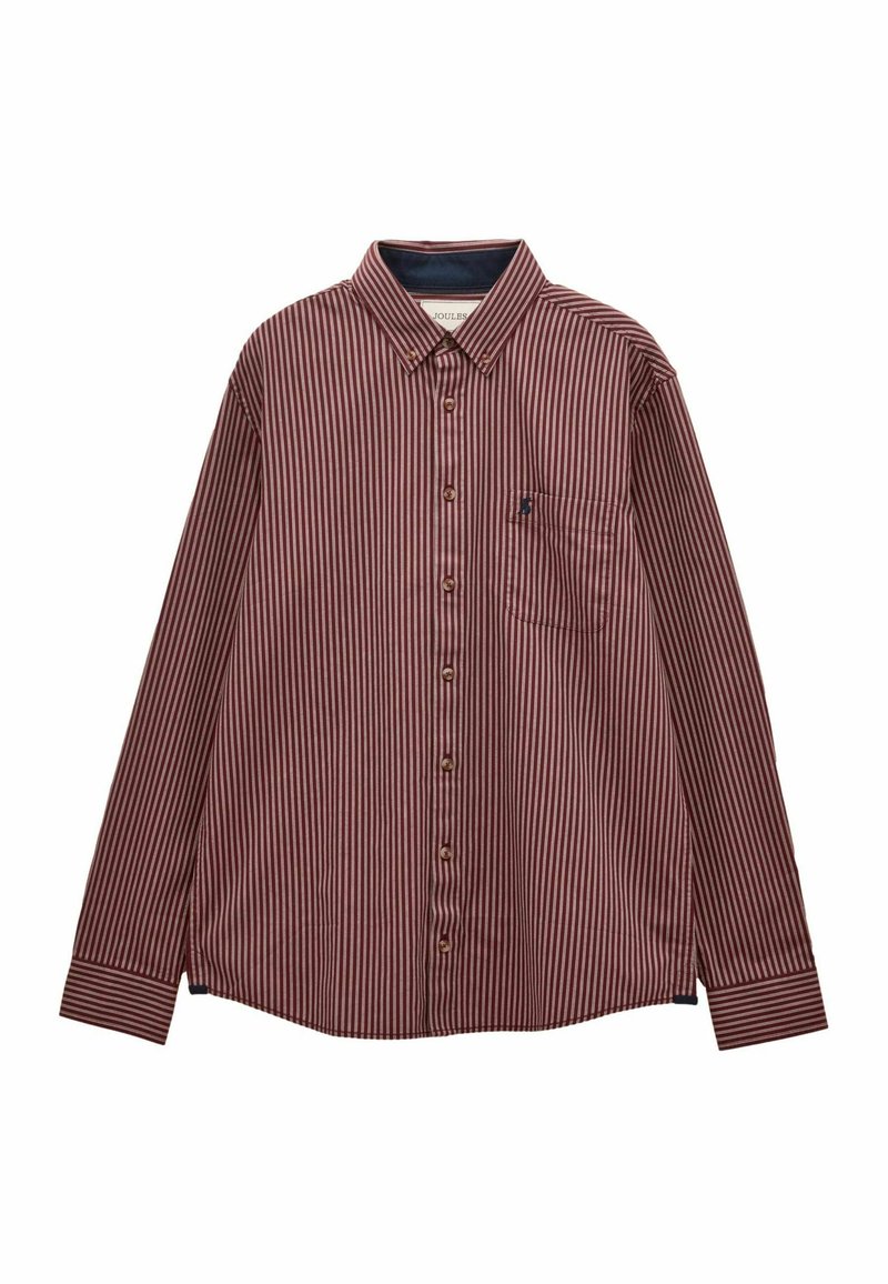 Skjorte med lange ærmer og knapper i mørkerød og hvide lodrette striber, med en brystlomme og en buet kant. Stoffets tekstur virker glat.
