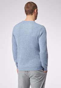 Maglione a coste di un blu chiaro con maniche lunghe e scollo a girocollo, indossato su pantaloni grigi a scacchi, mostrato da dietro.