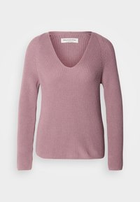 Maglione rosa a maglia con profondo scollo a V, maniche lunghe e un motivo testurizzato. Realizzato in materiale morbido, presenta una vestibilità comoda.