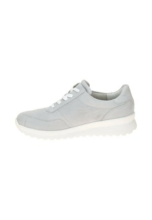 Light gray suede sneaker with white laces and a thick white textured sole, shown in side profile on a white background.