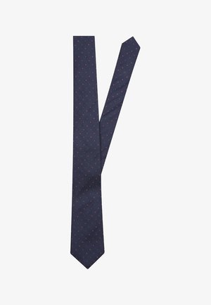 Navy blue tie with a diagonal striped pattern and small red polka dots, made of textured fabric, featuring a pointed end and standard width.