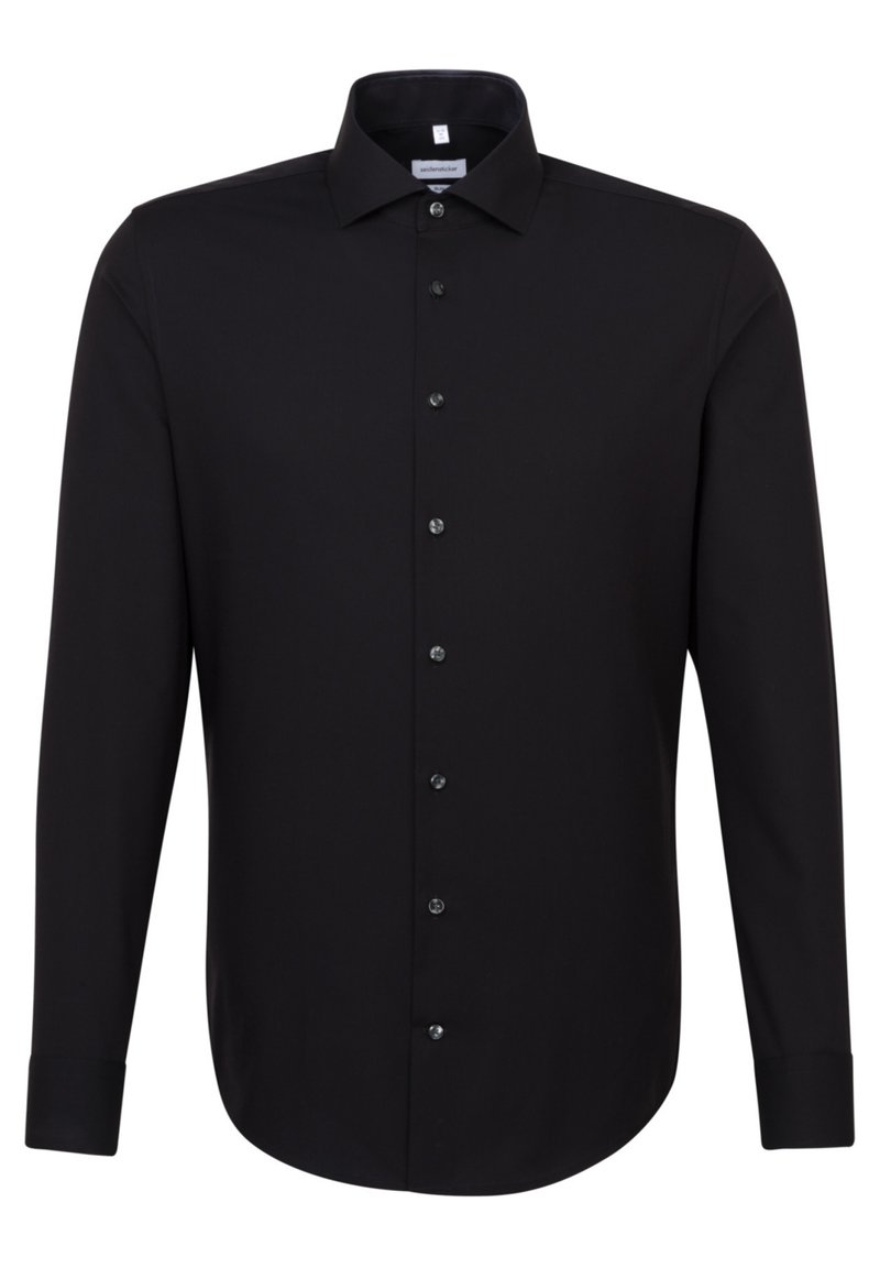 Schwarz langärmliges Hemd mit klassischem Kragen, knöpfbarem Vorderteil mit schwarzen Knöpfen und glatter Textur in taillierter Passform.
