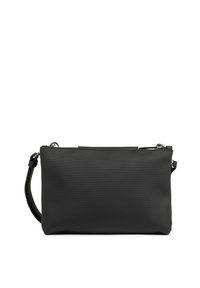 Borsa a tracolla nera in materiale sintetico con texture liscia, forma rettangolare, chiusura con zip e tracolla removibile per maggiore versatilità.