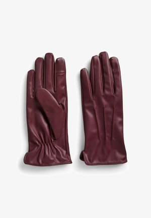 Ein Paar dunkelrote Lederhandschuhe mit elastischem Bündchen, flach ausgelegt, sodass die Handfläche und die Rückseite sichtbar sind.