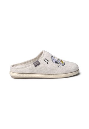Lysegrå slip-on tøfler med blød sål og en tegnet hund, der spiller trompet broderet på forsiden.
