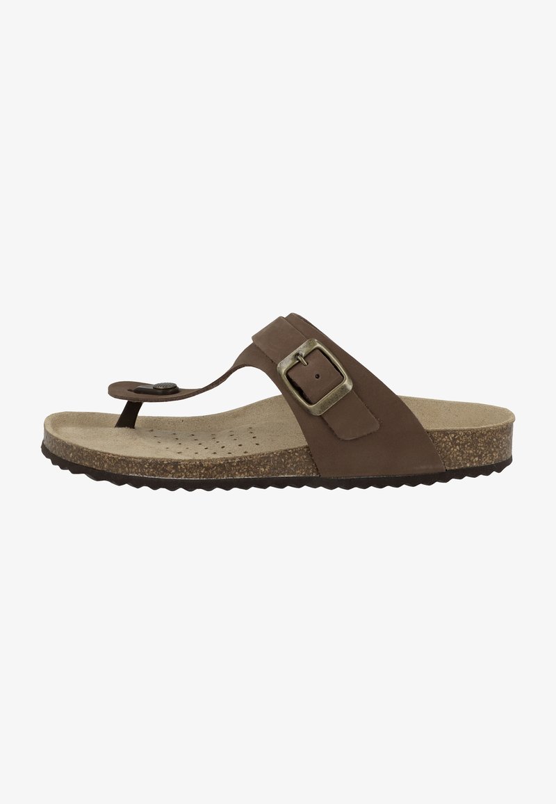 Sandale thong marron avec une large sangle dotée d'une boucle en métal et d'un pied-texturé. La semelle est durable avec un motif de semelle ondulé.