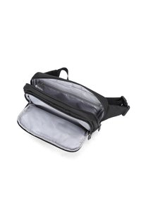 Borsa a tracolla nera con doppi scomparti con zip, esterno in tessuto e fodera interna grigia con un motivo logo sottile.
