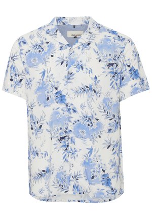 Korte mouwen shirt van witte stof met blauwe bloemen- en bladdessins. Beschikt over een kraag en heeft een ontspannen pasvorm.