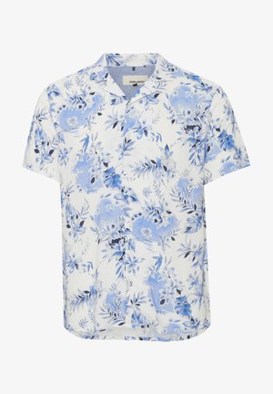 Rövid ujjú, fehér anyagú ing kék virág- és levélmintákkal. Gallérral és laza szabással rendelkezik.