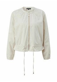 Letvægts, cremefarvet jakke med lynlåslukning, samlede skuldre og flæset kant. Har snoretræk i taljen, glat tekstur.