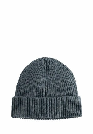 Strikket beanie i mørkegrå, med ribbet tekstur og en foldet kant for alsidighed. Enkel, funktionel design uden udsmykninger.