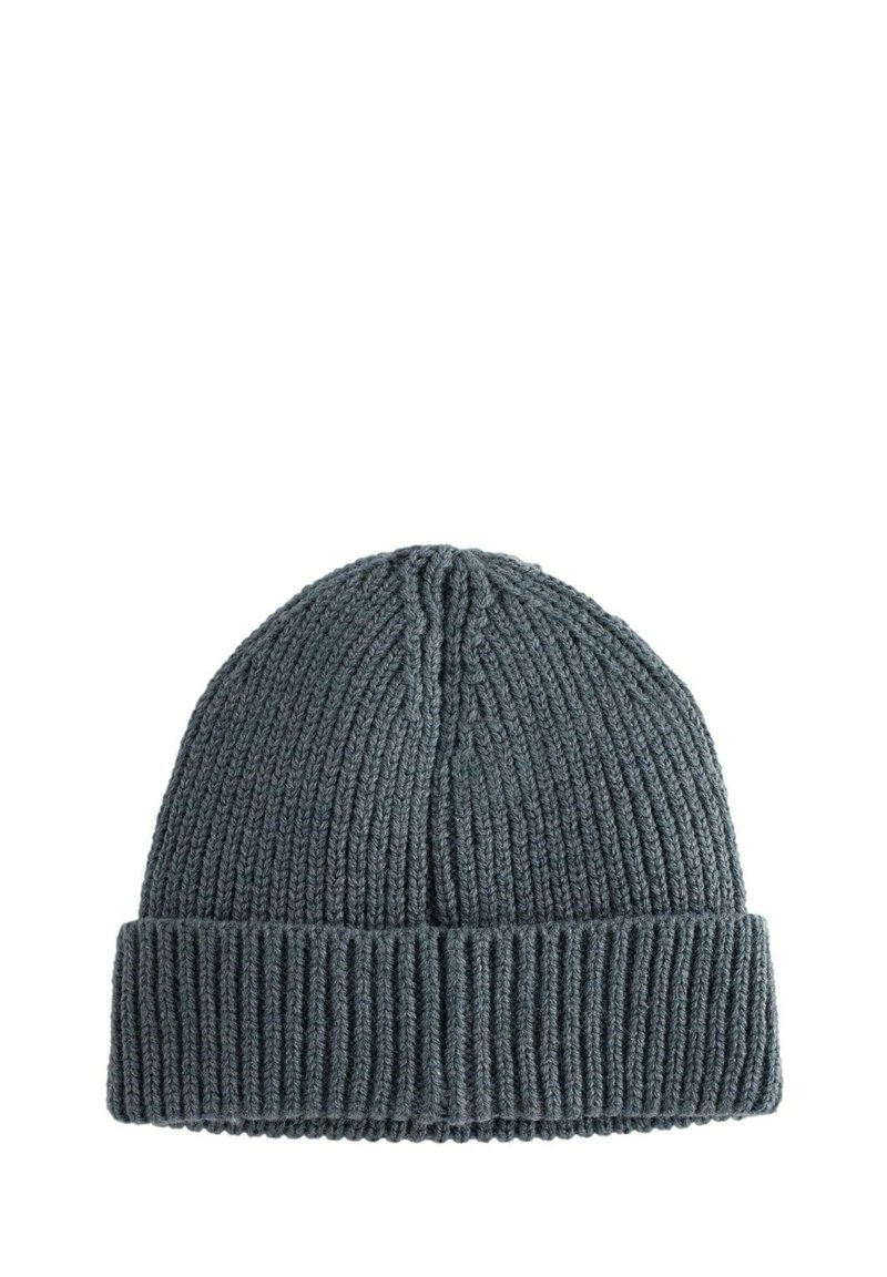 Strikket beanie i mørkegrå, med ribbet tekstur og en foldet kant for alsidighed. Enkel, funktionel design uden udsmykninger.