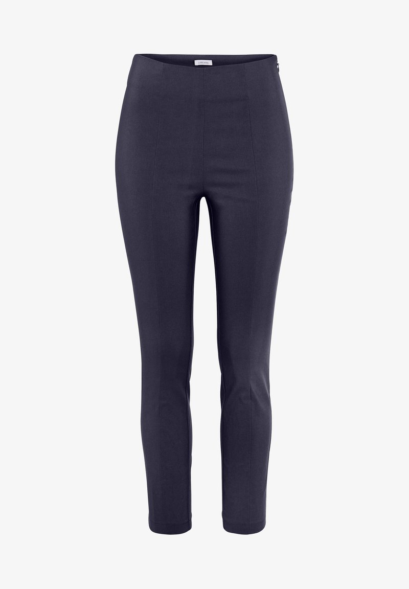 Pantalon bleu marine, coupe slim, en tissu lisse, avec une taille haute et un design épuré, sans matériel visible ni poches.