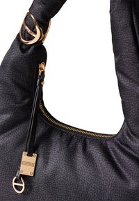 Black textured handbag with gold zipper, gold buckle, and a gold tag engraved with "Borbonese" on a leather strap.