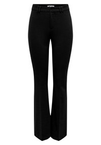 Sorte flagrende bukser lavet af tekstureret stof. Har en flad front, bæltesløjfer og en skræddersyet silhuet med en glat finish.