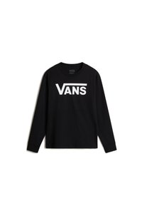 Maglietta nera a maniche lunghe in cotone, con un grande logo bianco "VANS" sul petto. Collo rotondo e maniche aderenti.