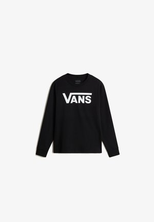 Schwarzes Langarm-T-Shirt aus Baumwolle mit einem großen weißen "VANS"-Logo auf der Brust. Runder Halsausschnitt und eng anliegende Ärmel.