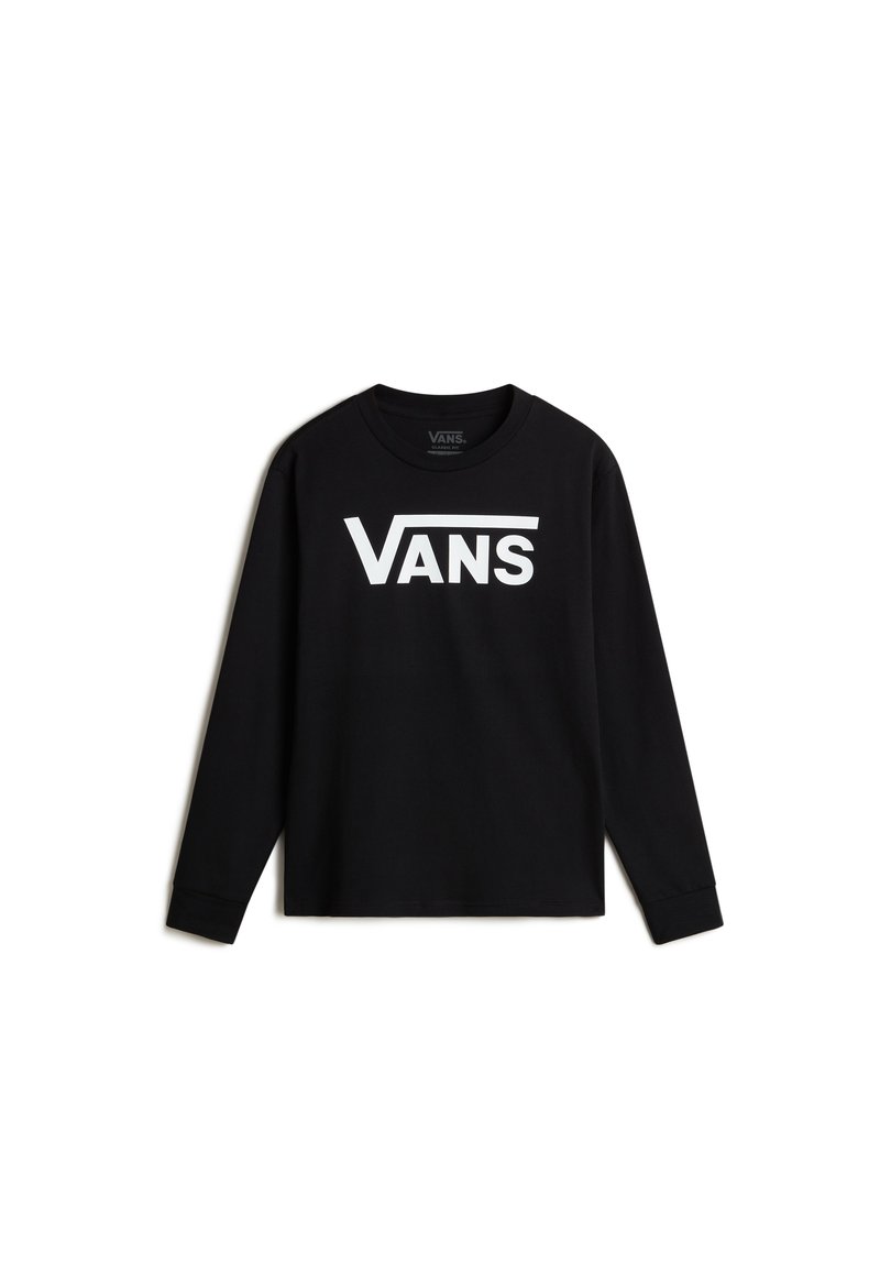 Maglietta nera a maniche lunghe in cotone, con un grande logo bianco "VANS" sul petto. Collo rotondo e maniche aderenti.