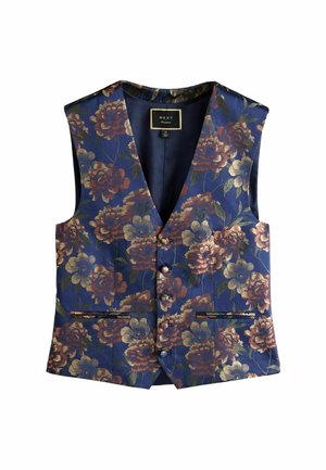 Mönstrad väst i marinblått tyg, med stora flerfärgade blommor, v-ringning och två framfickor med kant.