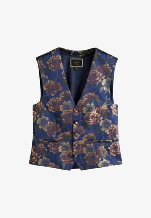 Kamizelka w kwiatowy wzór z granatowego materiału, z dużymi, wielokolorowymi kwiatami, dekoltem w serek i dwiema przednimi kieszeniami z obszyciem.