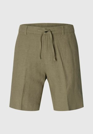 Linen šortky v olivovo zelenej farbe, s elastickým pásom a šnúrkou, so bočnými vreckami, hladká textúra a voľný strih.