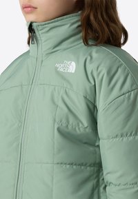 Polstret grøn jakke med høj hals, lynlåslukning og The North Face-logo på brystet. Har quiltet tekstur og glat yderside.