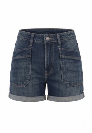 Donkerblauwe denimshorts met voorzakken, opgerolde zomen, riemlussen en een zilveren knoopsluiting in de taille.