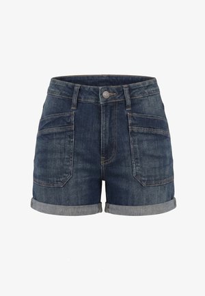 Donkerblauwe denimshorts met voorzakken, opgerolde zomen, riemlussen en een zilveren knoopsluiting in de taille.
