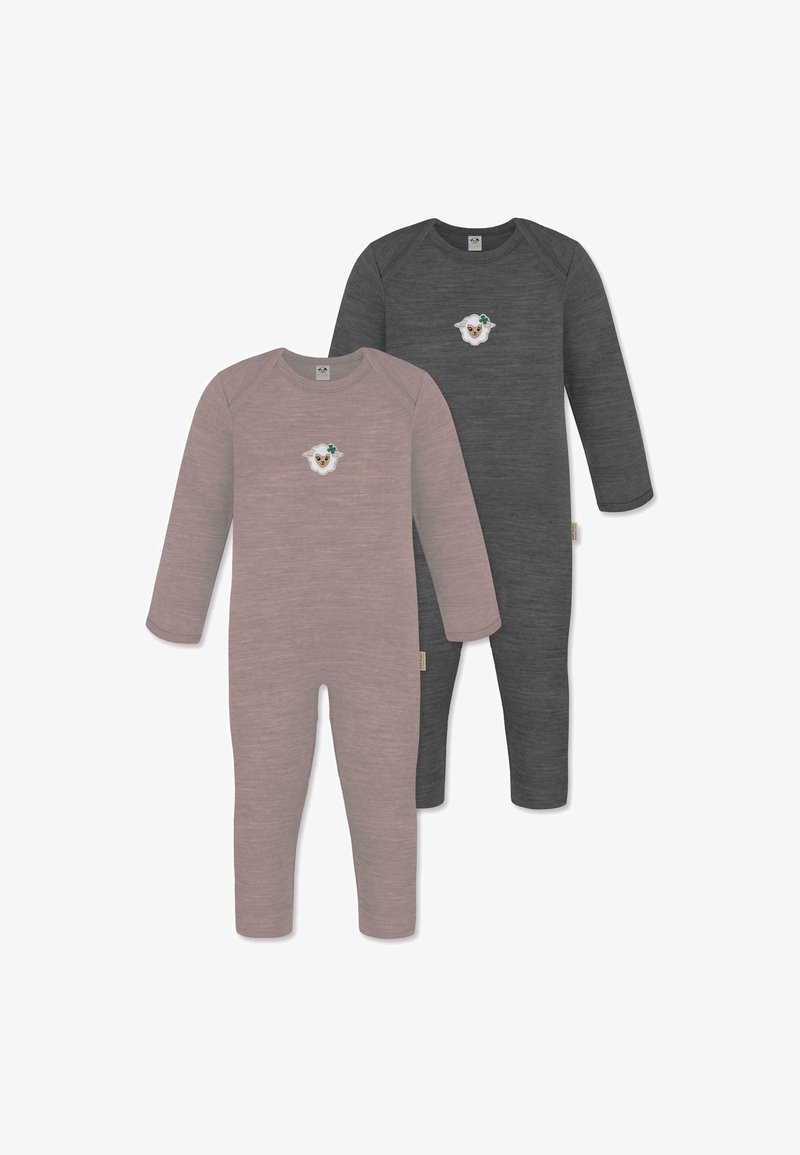 Set aus zwei Langarm-Overalls, einer in hellrosa und einer in dunkelgrau, aus weichem Stoff. Mit gesticktem Schafdesign auf der Vorderseite.