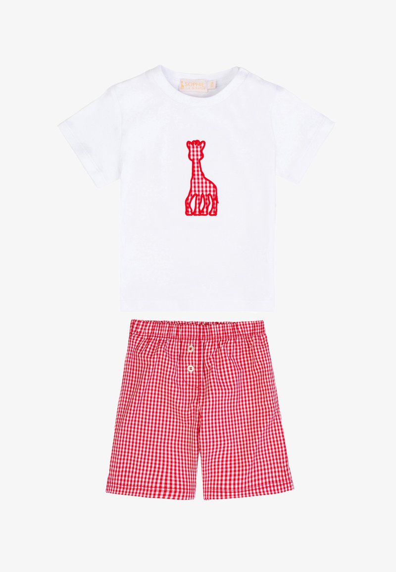 Maglietta bianca a maniche corte per bambino piccolo con applique a giraffa in tessuto vichy rosso e pantaloncini coordinati in tessuto vichy rosso con elastico in vita e due bottoni.