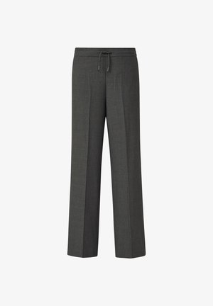 Wide-leg trousers in dark gray fabric, featuring a drawstring waistband, smooth texture, and tailored design with subtle pleats.