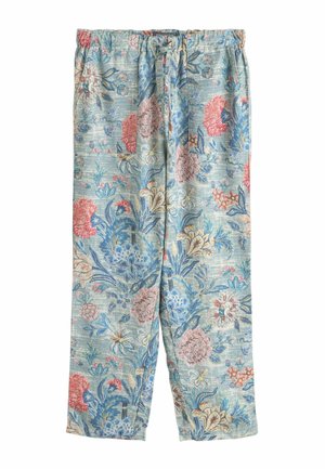 Loose-fit pants with an elastic waistband and blue, pink, and beige floral pattern on a light blue background.